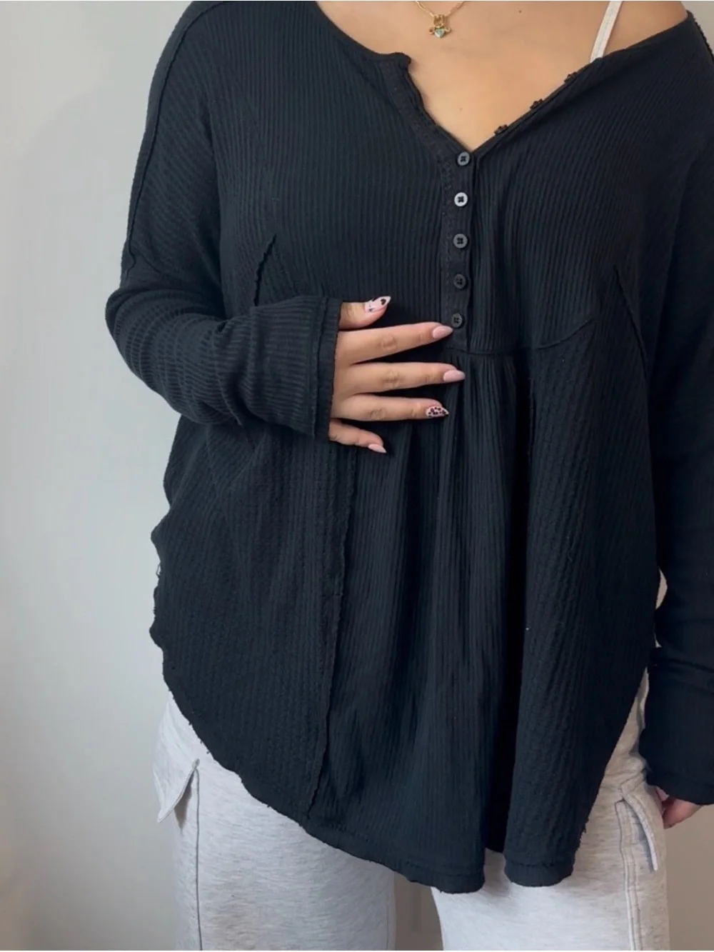Free People Black Waffle Knit Long Sleeve
